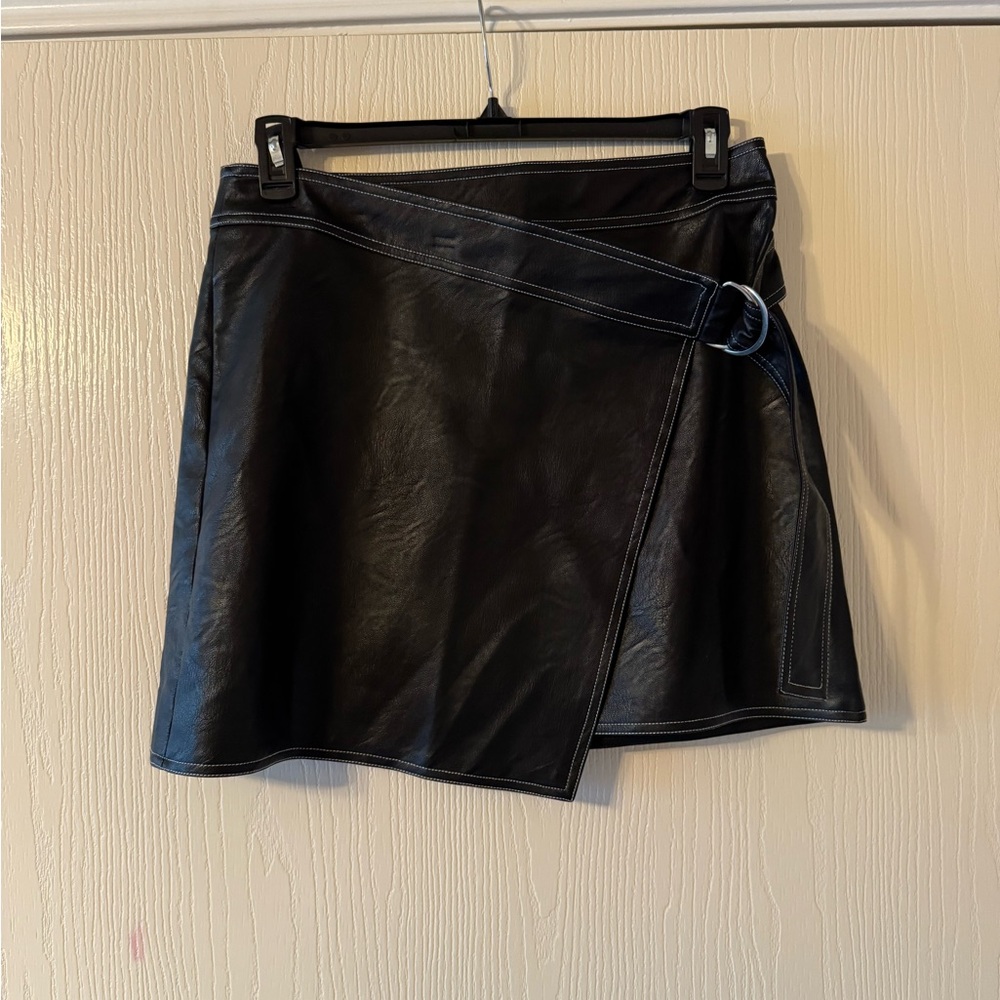Black Faux Leather Wrap Skirt